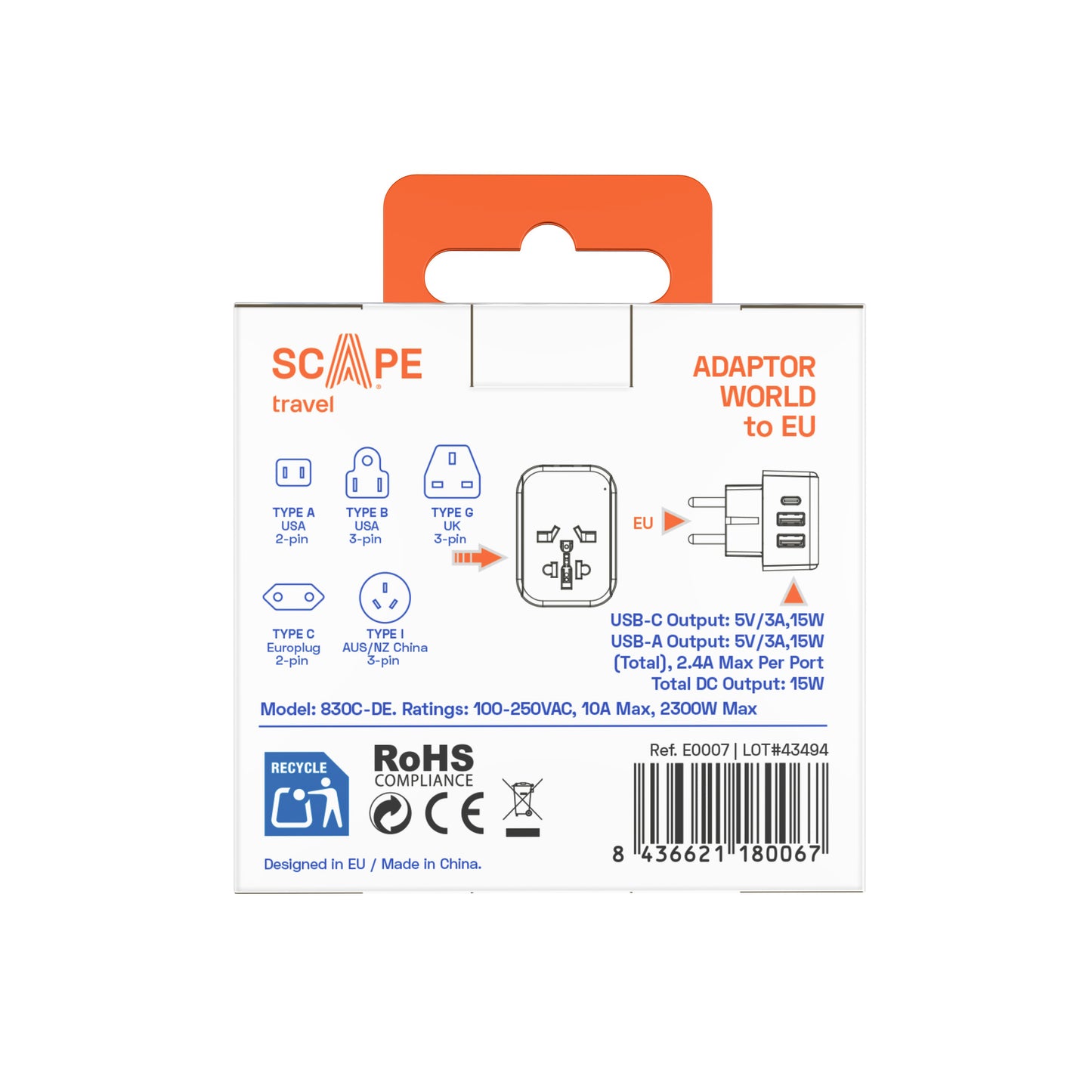 Universal Adapter + USB (World to EU/UK)
