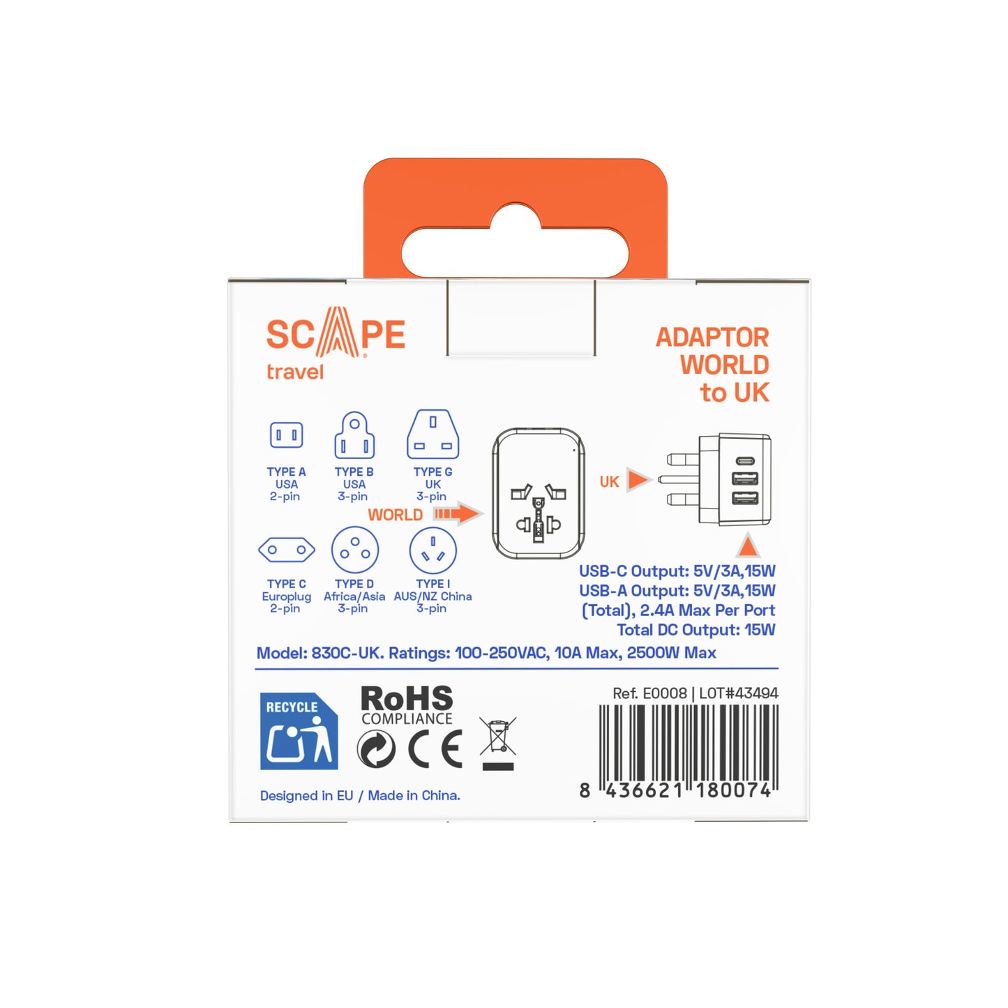 Universal Adapter + USB (World to EU/UK)