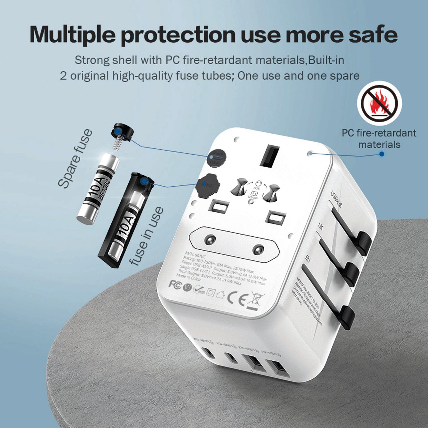 International Travel Plug Adapter with 2 USB-C + 2 USB-A 21W