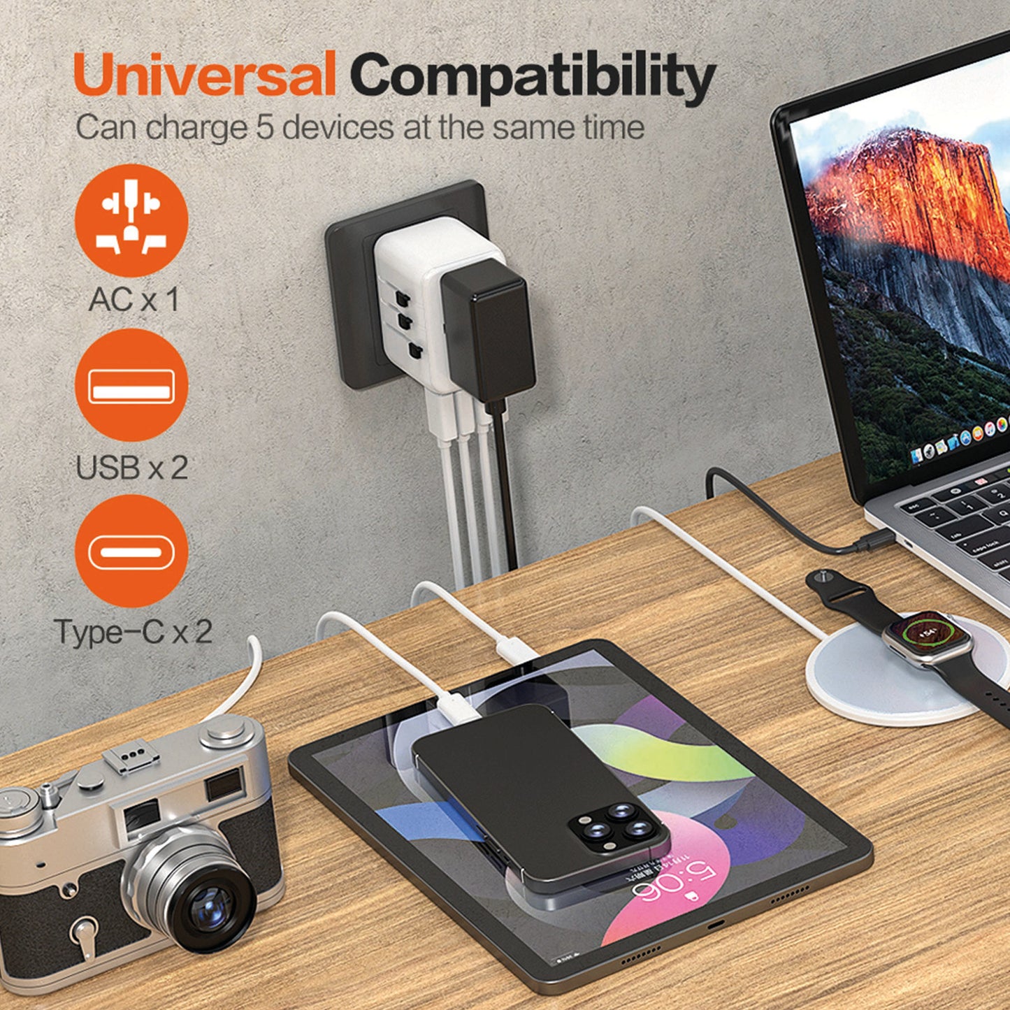 International Travel Plug Adapter with 2 USB-C + 2 USB-A 21W