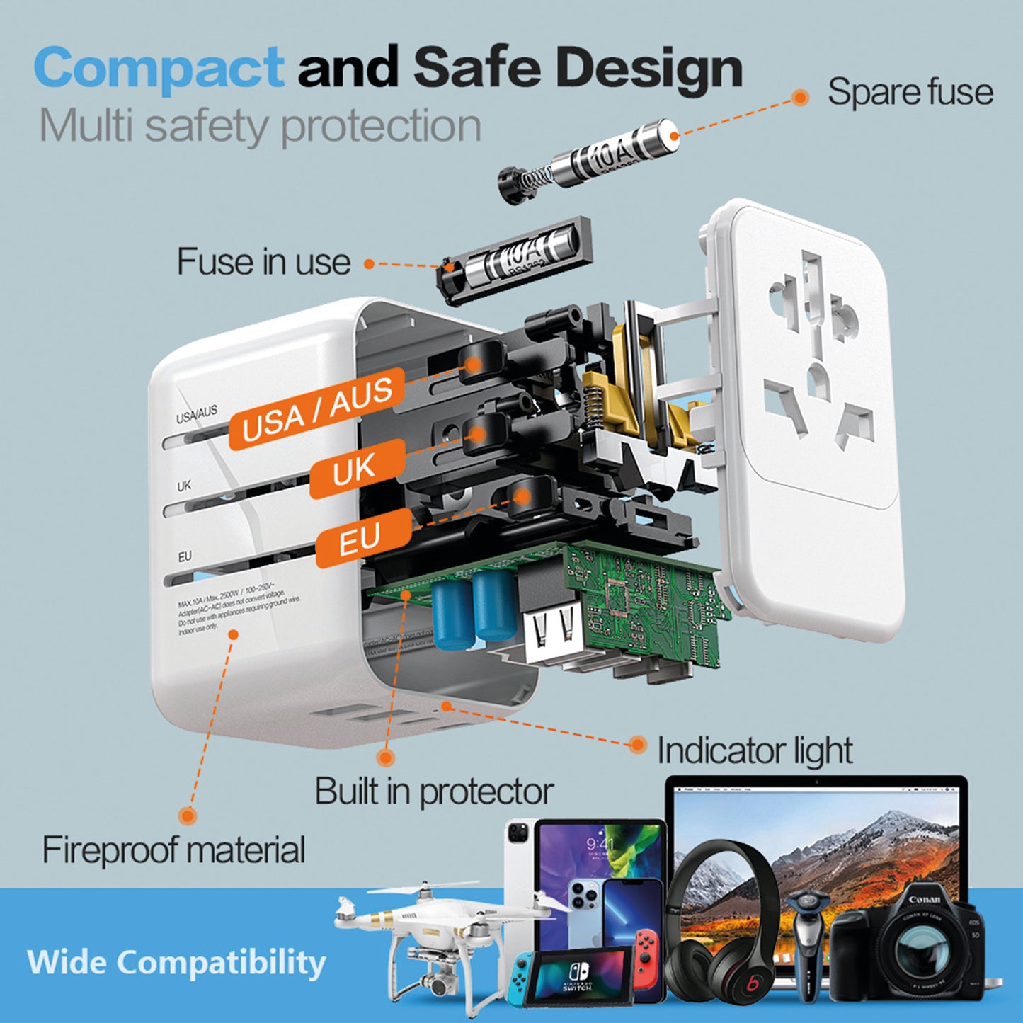 International Travel Plug Adapter with 2 USB-C + 2 USB-A 21W