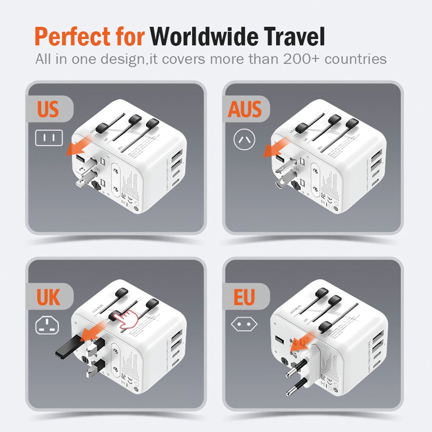 International Travel Plug Adapter with 2 USB-C + 2 USB-A 21W