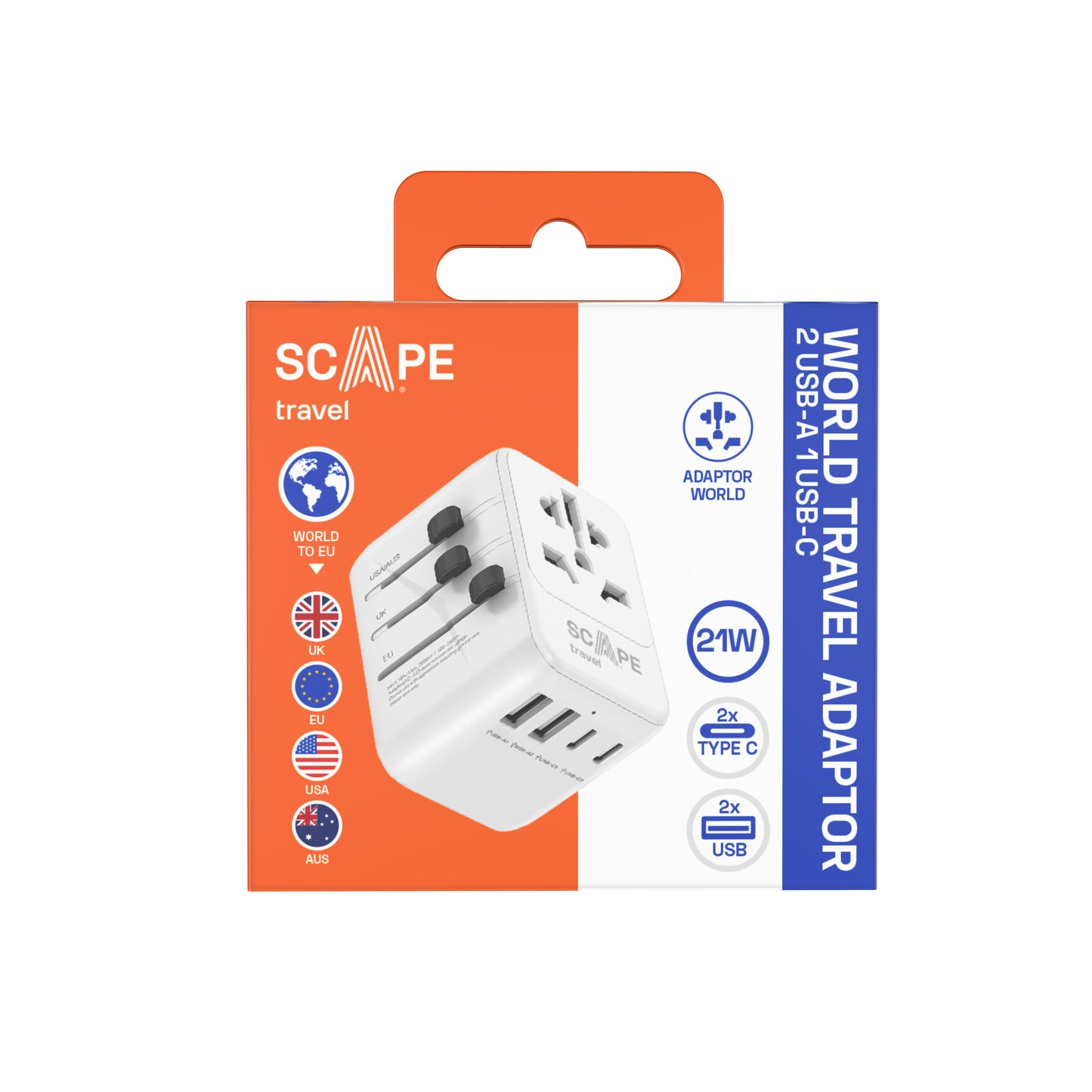 International Travel Plug Adapter with 2 USB-C + 2 USB-A 21W