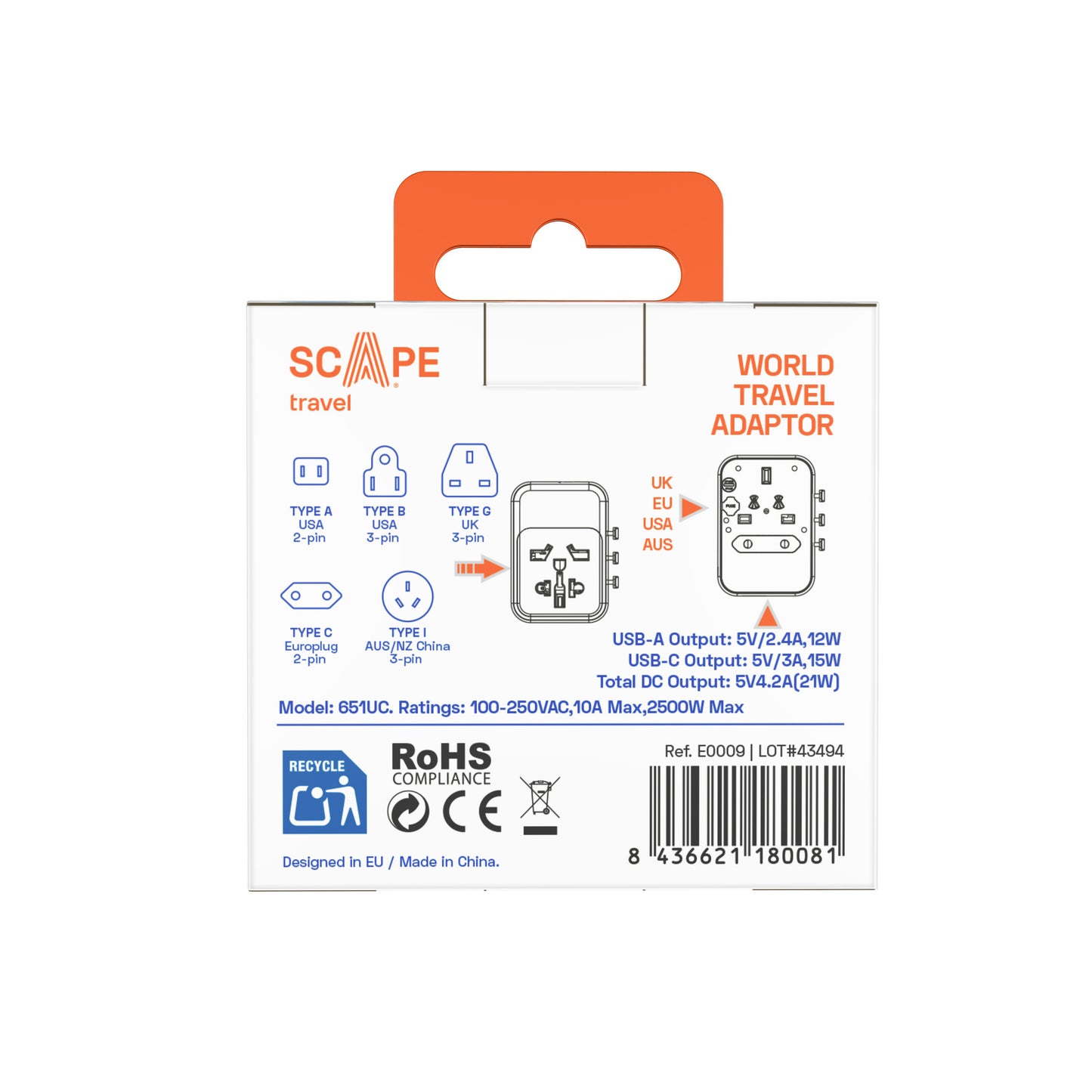International Travel Plug Adapter with 2 USB-C + 2 USB-A 21W