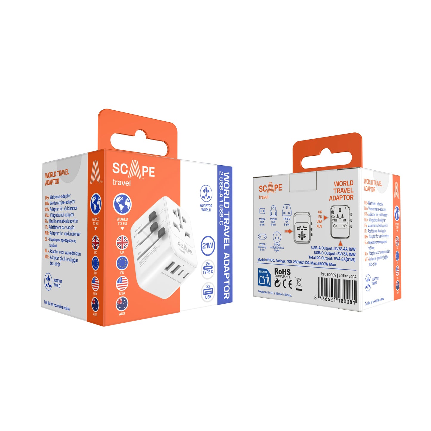 International Travel Plug Adapter with 2 USB-C + 2 USB-A 21W