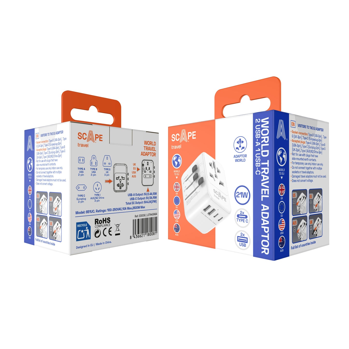 International Travel Plug Adapter with 2 USB-C + 2 USB-A 21W